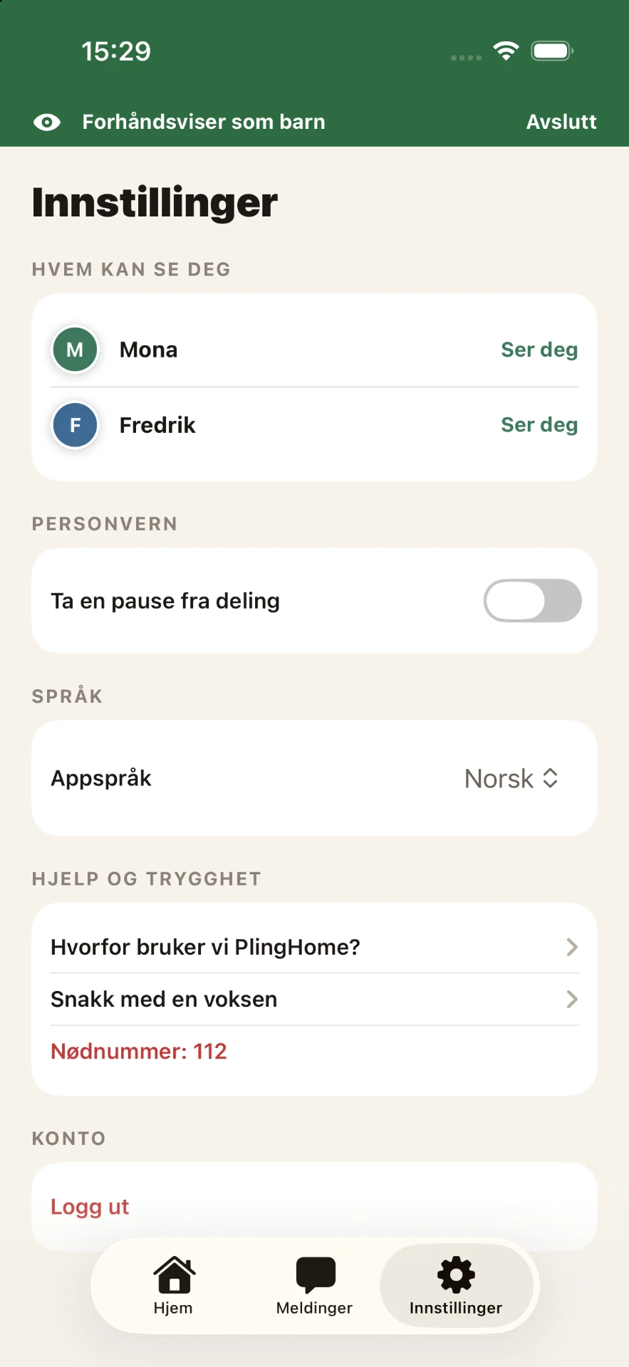 Skjermbilde fra PlingHome-appen